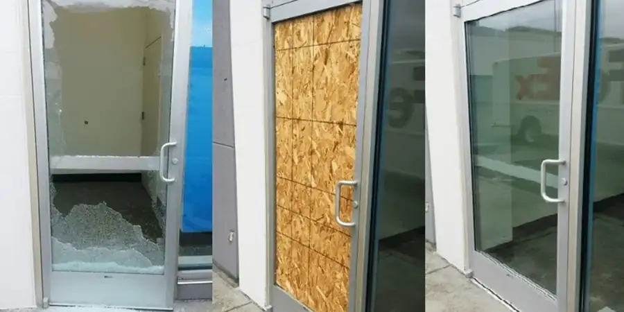 Commercial storefront door with broken glass, boarded up, then with new door glass installed
